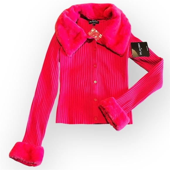 Dylan Ryan faux fur collar Cardigan, hot pink, size M, NWT - Picture 1 of 12